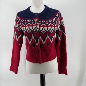 Gap Womens XS / S Petite* Fair Isle Alpaca Wool Blend Cardigan Sweater Red Blue